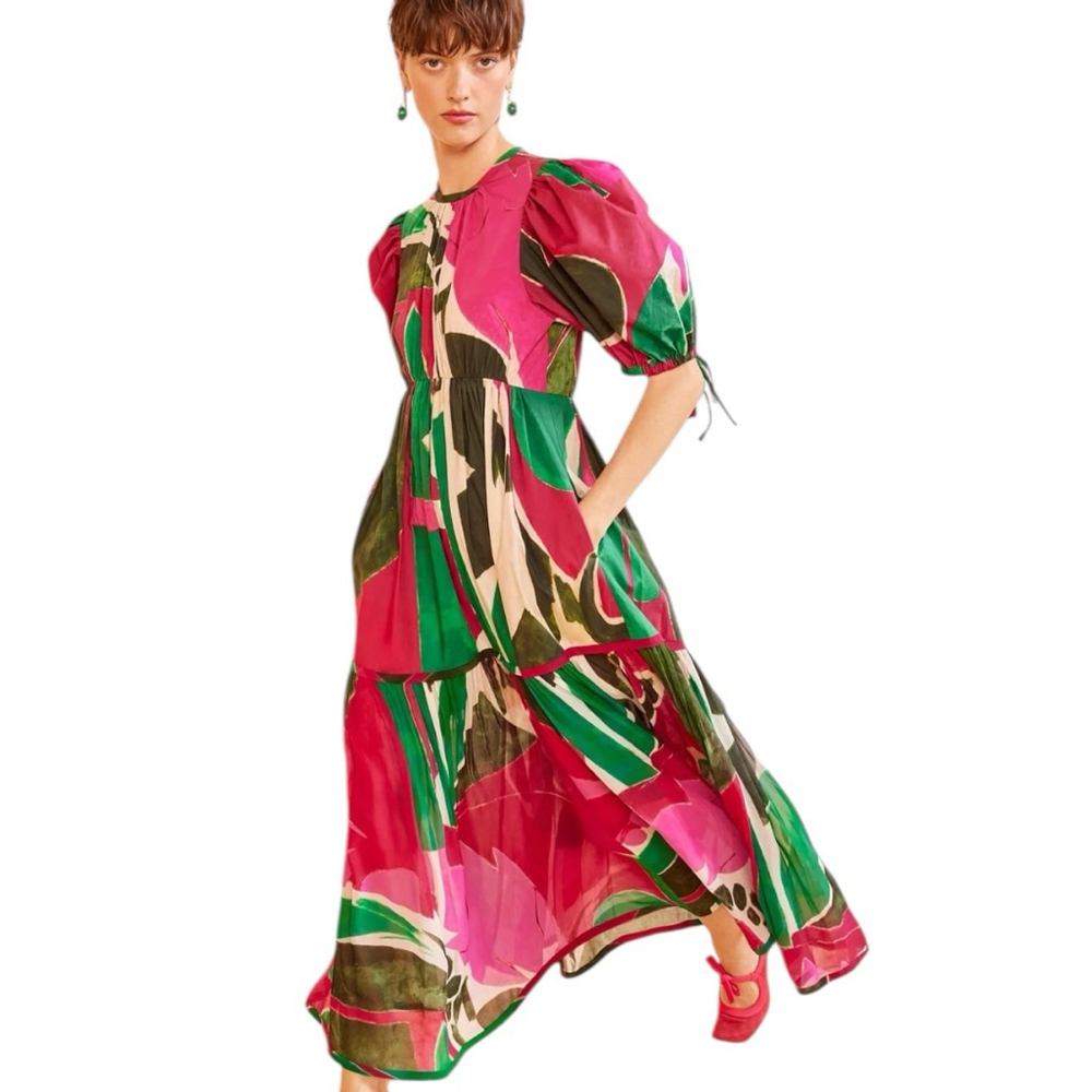 Ulla Johnson Pink and Green Collage Puff Sleeve Dress Size 8 - Picture 2 of 14